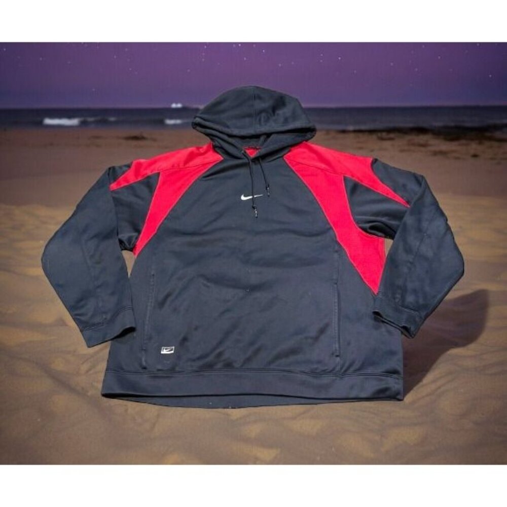 Nike Center Swoosh Hoodie Mens Large Red Black Performance Fleece Pullover READ
